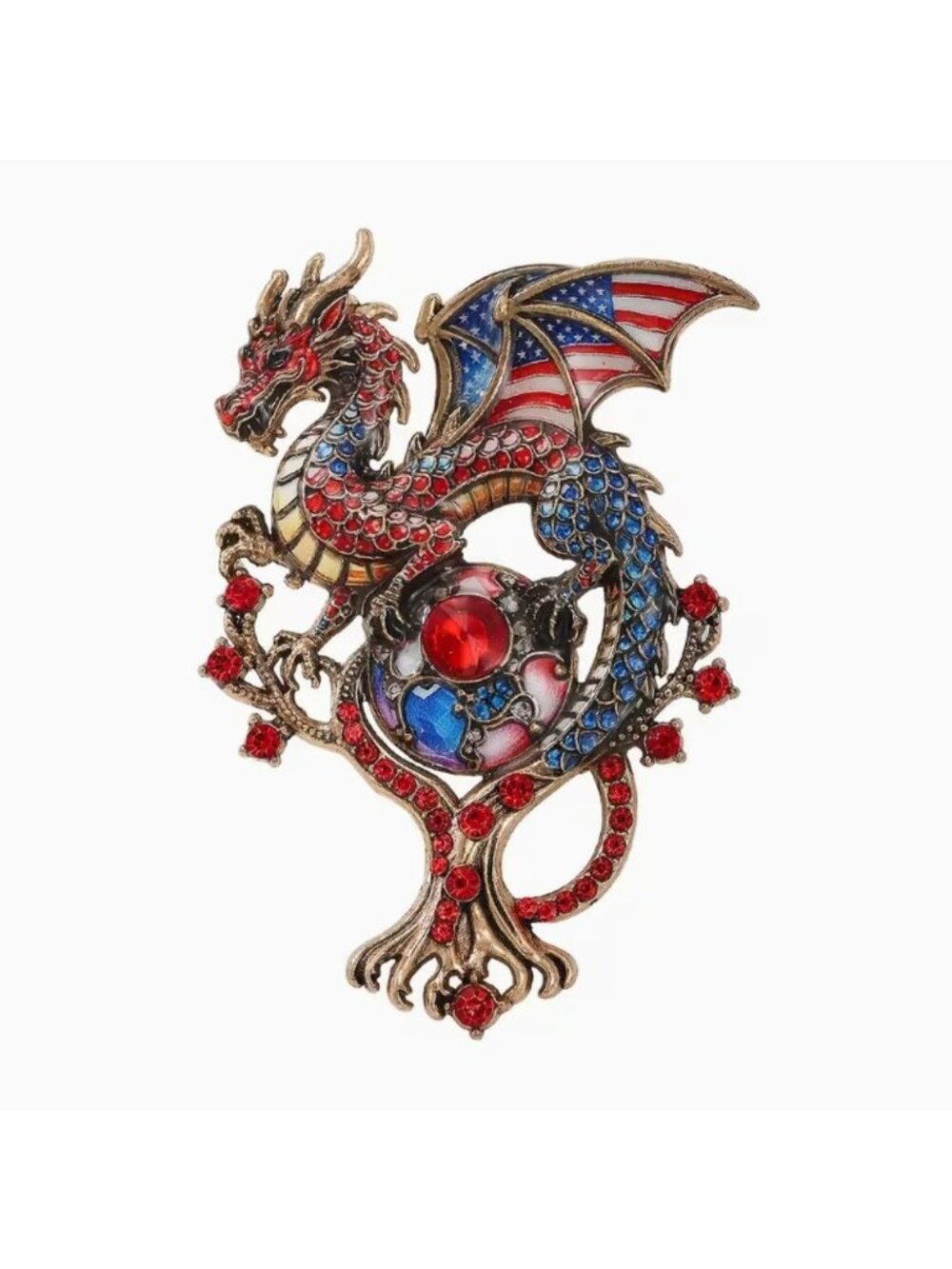 American Flag Red Dragon Brooch Enamel & Rhinestones Gold Tone